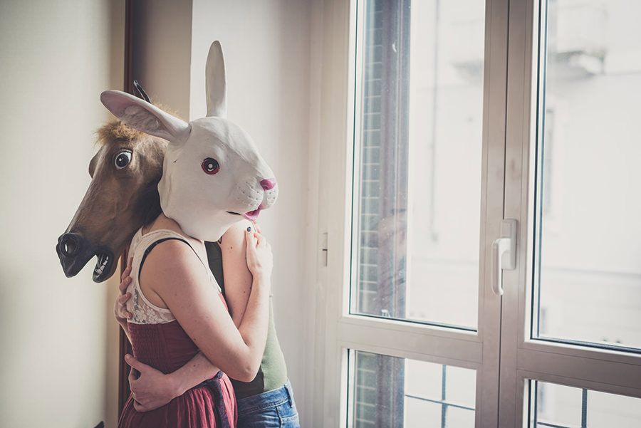 mask rabbit and horse mask lesbian couple at home